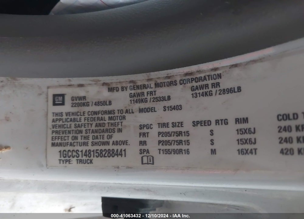 2005 CHEVROLET COLORADO VIN: 1GCCS148158288441