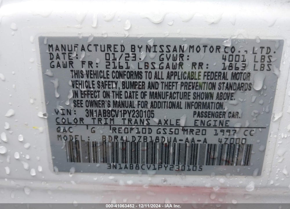 2023 NISSAN SENTRA SV XTRONIC CVT VIN: 3N1AB8CV1PY230105