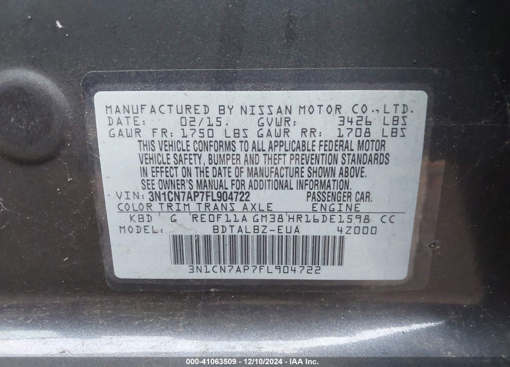 2015 NISSAN VERSA 1.6 SV VIN: 3N1CN7AP7FL904722