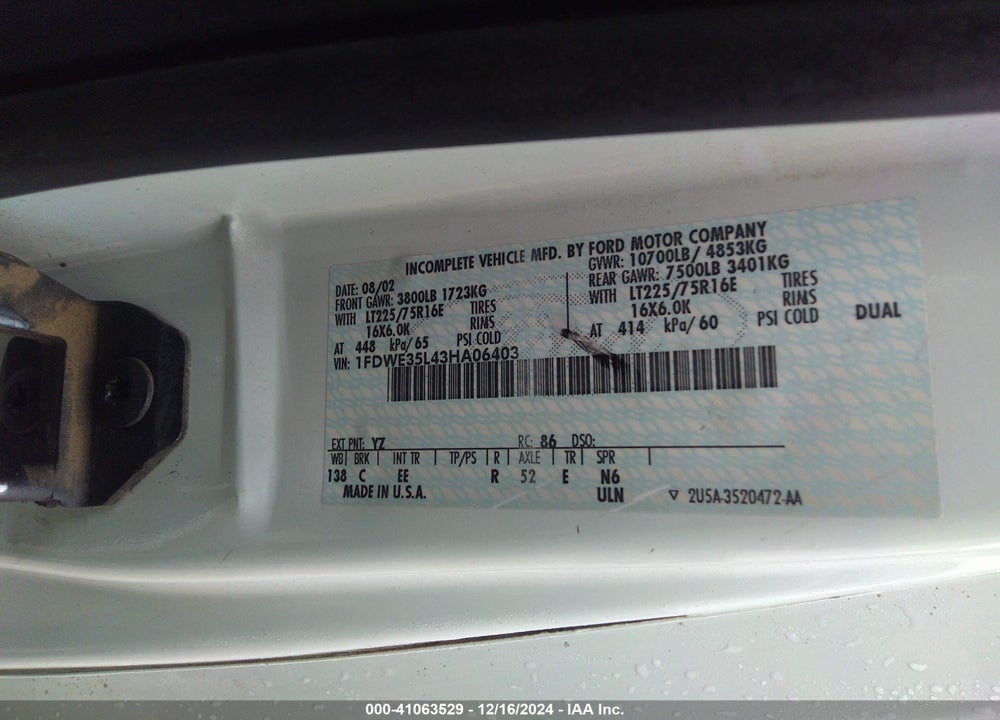 2003 FORD E-350 CUTAWAY STANDARD VIN: 1FDWE35L43HA06403
