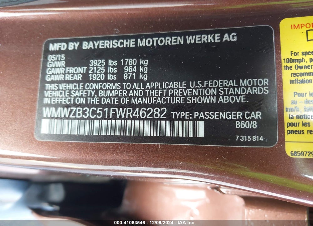 2015 MINI COUNTRYMAN COOPER VIN: WMWZB3C51FWR46282