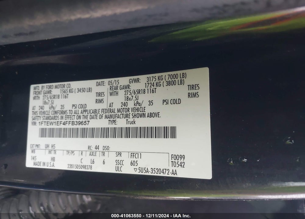 2015 FORD F-150 LARIAT VIN: 1FTEW1EF4FFB39657