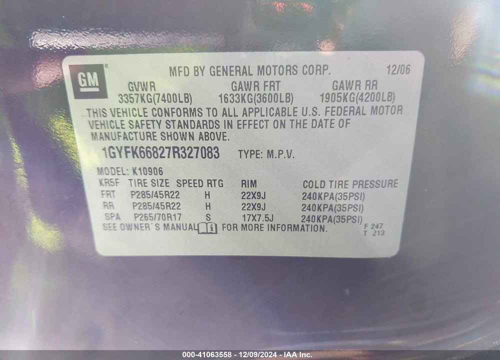 2007 CADILLAC ESCALADE ESV STANDARD VIN: 1GYFK66827R327083