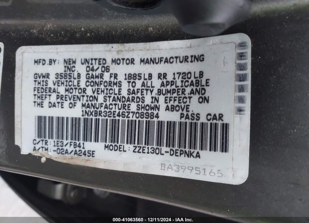 2006 TOYOTA COROLLA LE VIN: 1NXBR32E46Z708984