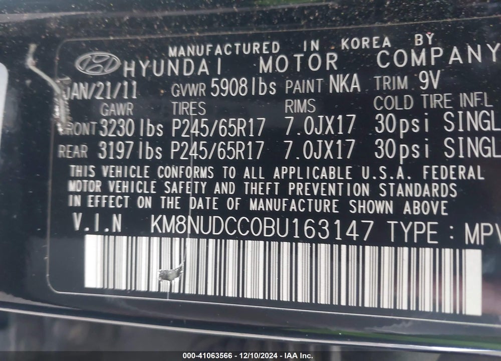 2011 HYUNDAI VERACRUZ GLS VIN: KM8NUDCC0BU163147