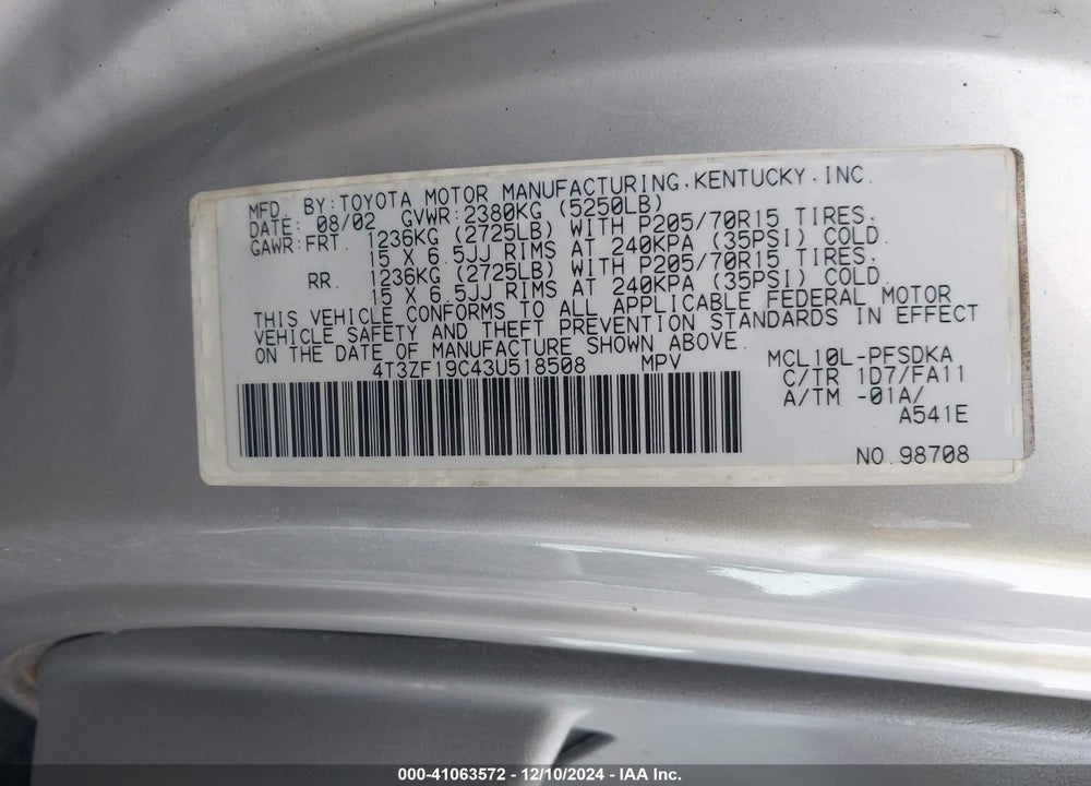 2003 TOYOTA SIENNA CE VIN: 4T3ZF19C43U518508