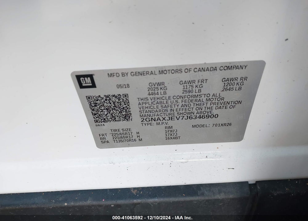 2018 CHEVROLET EQUINOX LT VIN: 2GNAXJEV7J6346900