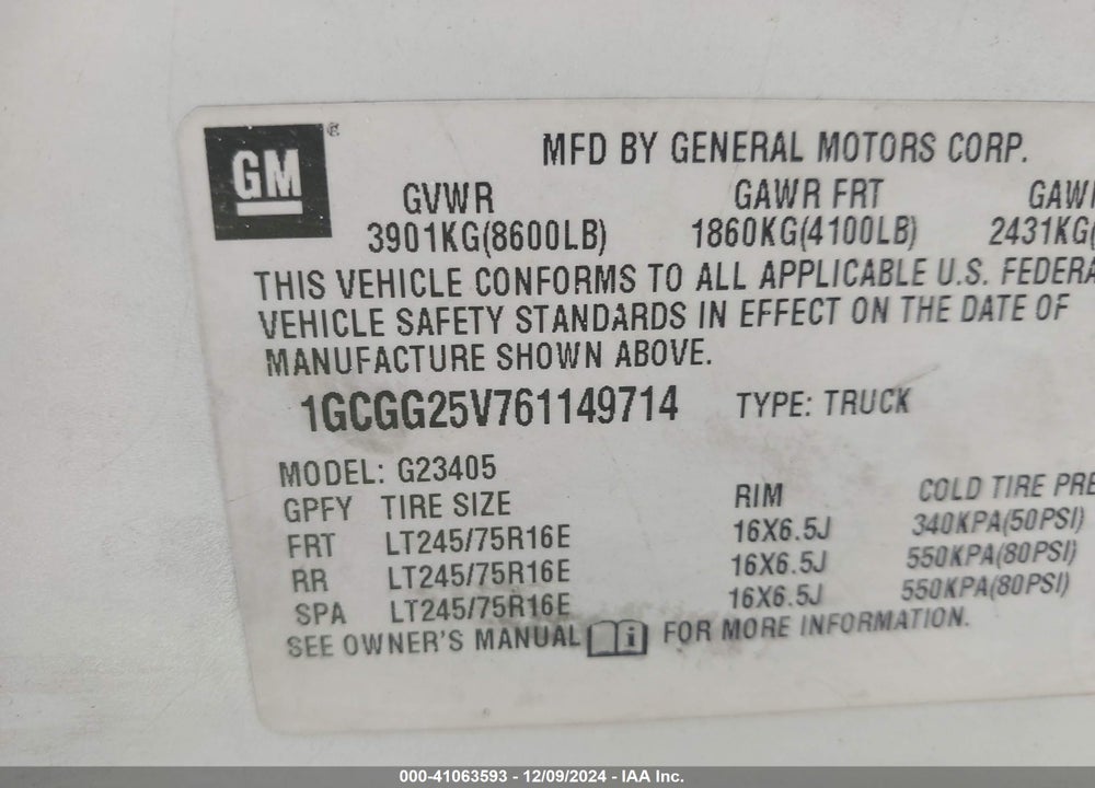 2006 CHEVROLET EXPRESS WORK VAN VIN: 1GCGG25V761149714