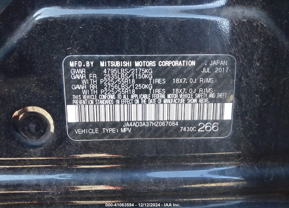 2017 MITSUBISHI OUTLANDER SE VIN: JA4AD3A37HZ067084