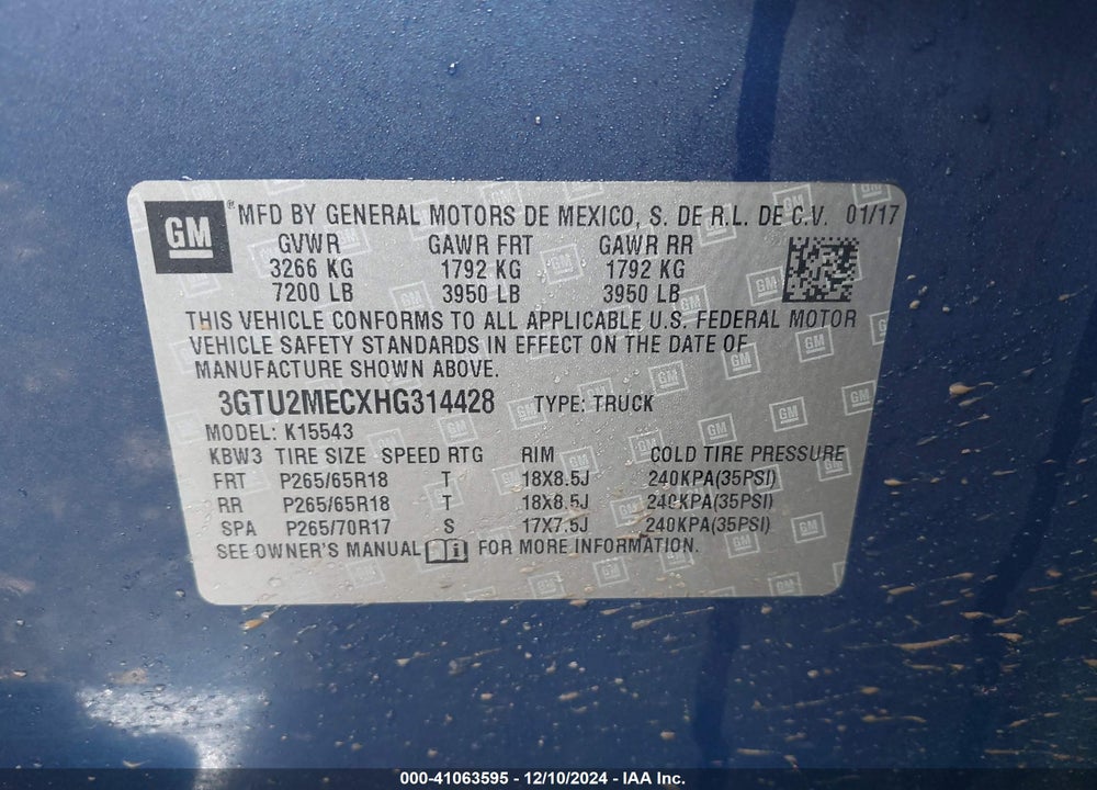 2017 GMC SIERRA 1500 SLE VIN: 3GTU2MECXHG314428