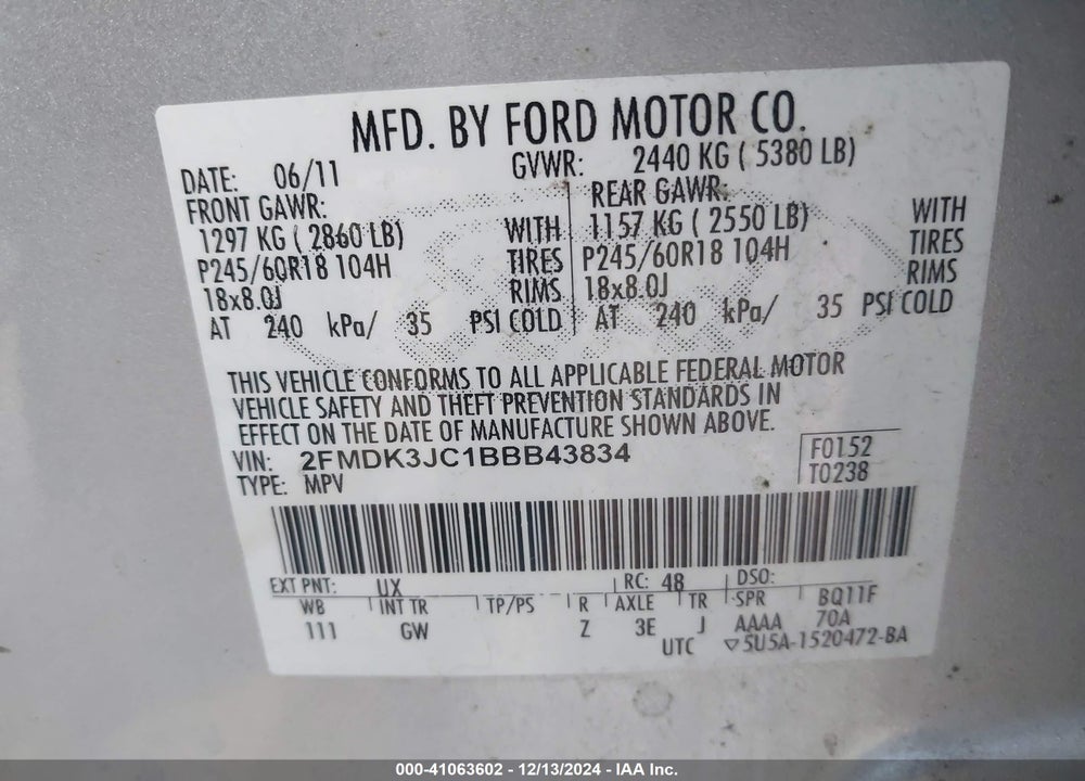 2011 FORD EDGE SEL VIN: 2FMDK3JC1BBB43834