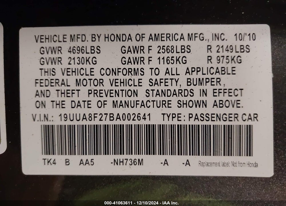 2011 ACURA TL 3.5 (A5) VIN: 19UUA8F27BA002641