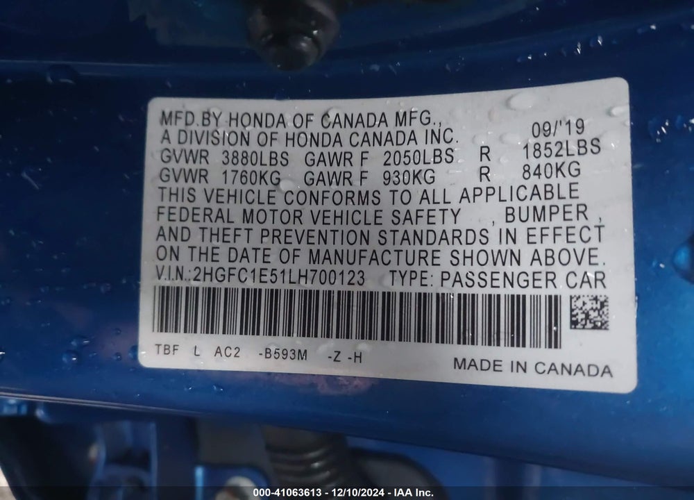2020 HONDA CIVIC SI SEDAN VIN: 2HGFC1E51LH700123