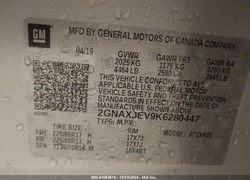 2019 CHEVROLET EQUINOX LT VIN: 2GNAXJEV9K6280447