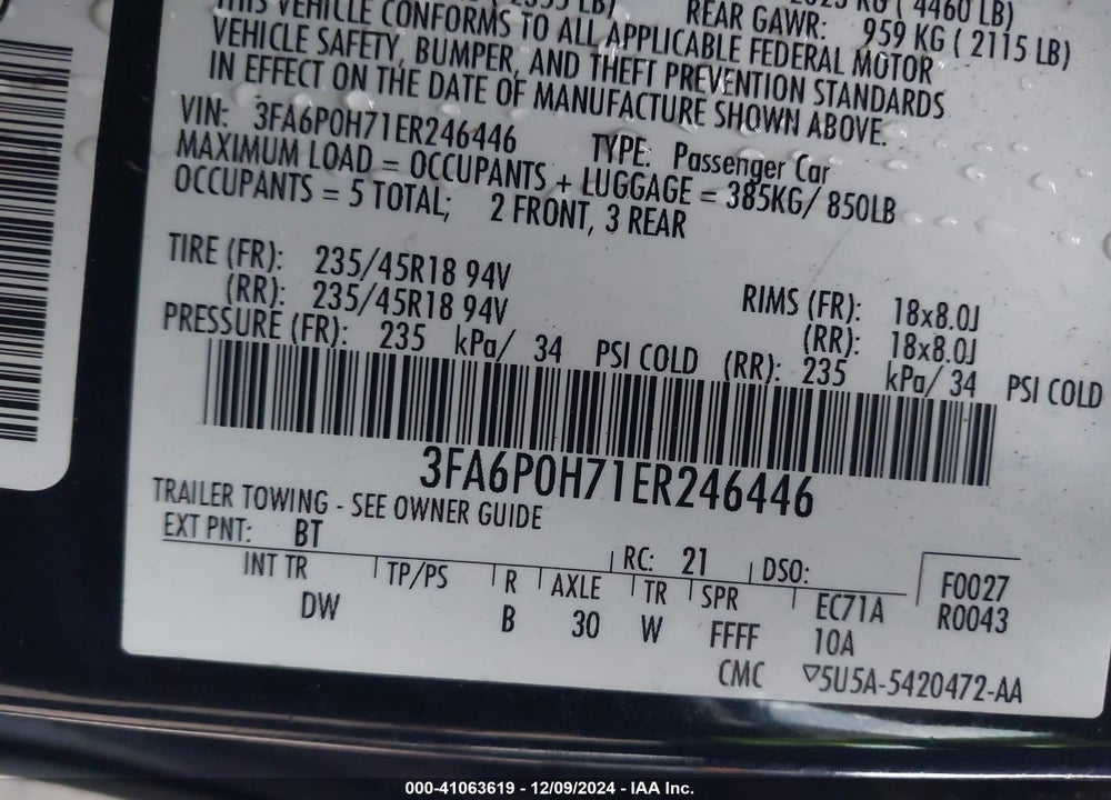 2014 FORD FUSION SE VIN: 3FA6P0H71ER246446