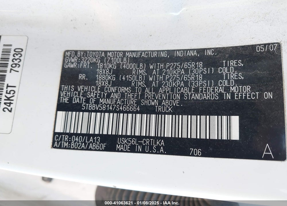 2007 TOYOTA TUNDRA LIMITED 5.7L V8 VIN: 5TBBV58147S466664