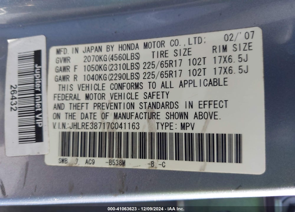 2007 HONDA CR-V EX-L VIN: JHLRE38717C041163