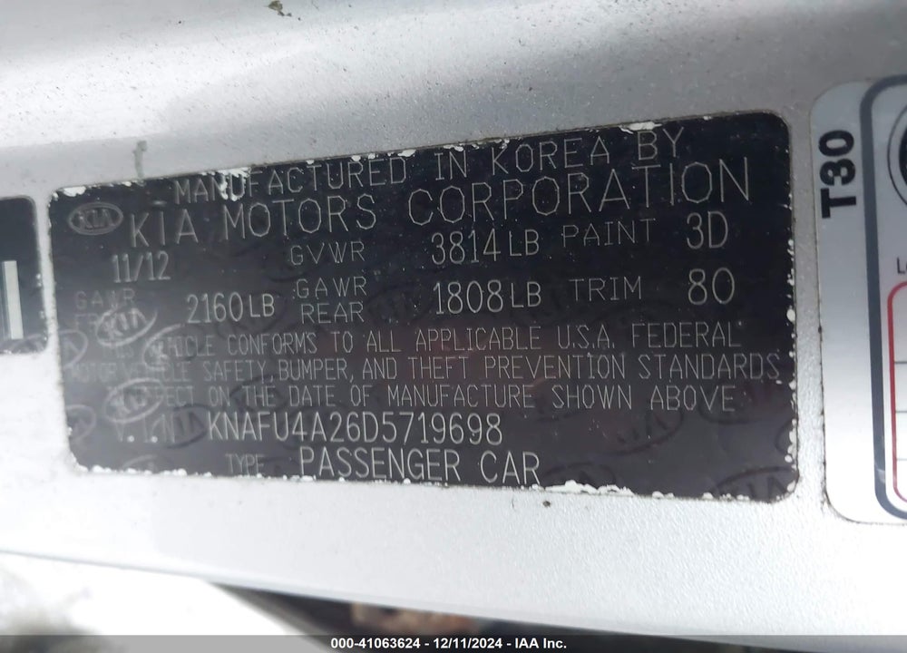 2013 KIA FORTE EX VIN: KNAFU4A26D5719698
