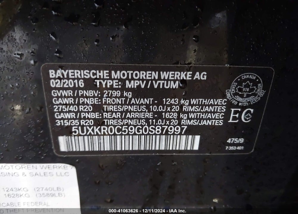 2016 BMW X5 XDRIVE35I VIN: 5UXKR0C59G0S87997