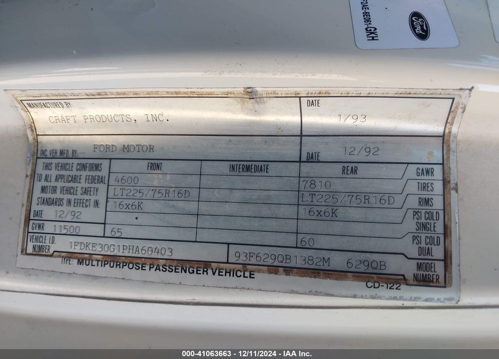 1993 FORD ECONOLINE E350 CUTAWAY VAN VIN: 1FDKE30G1PHA60403