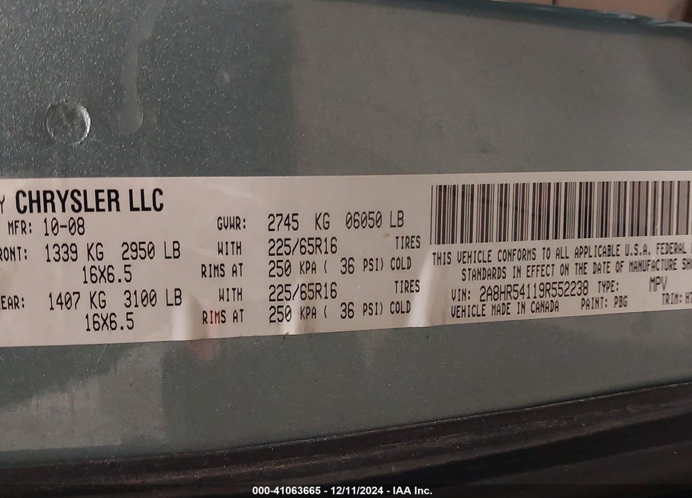 2009 CHRYSLER TOWN & COUNTRY TOURING VIN: 2A8HR54119R552238