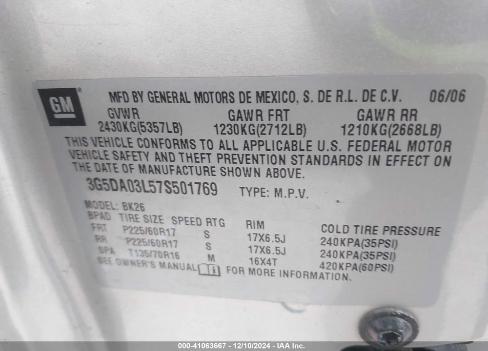 2007 BUICK RENDEZVOUS CXL VIN: 3G5DA03L57S501769
