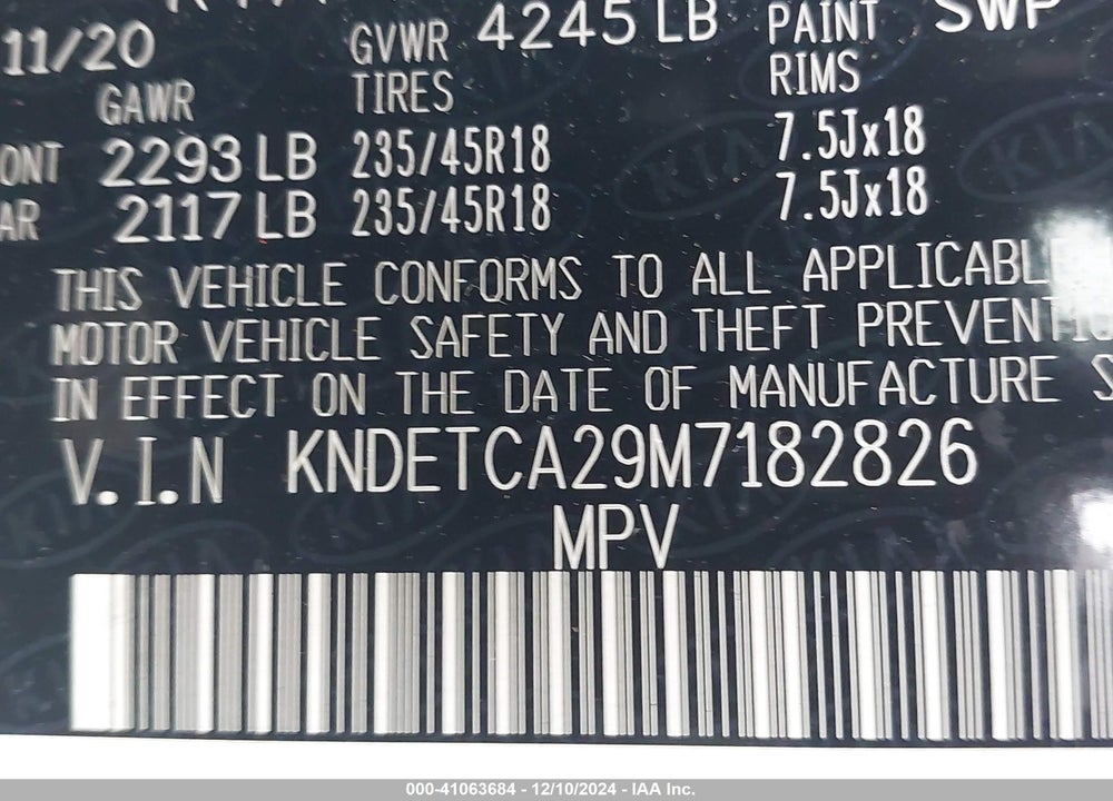2021 KIA SELTOS VIN: KNDETCA29M7182826