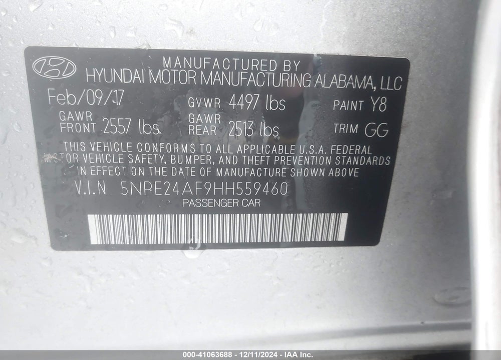 2017 HYUNDAI SONATA VIN: 5NPE24AF9HH559460