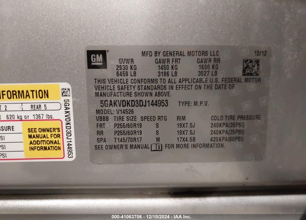 2013 BUICK ENCLAVE PREMIUM VIN: 5GAKVDKD3DJ144953