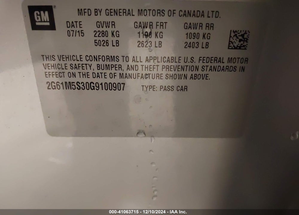 2016 CADILLAC XTS VIN: 2G61M5S30G9100907