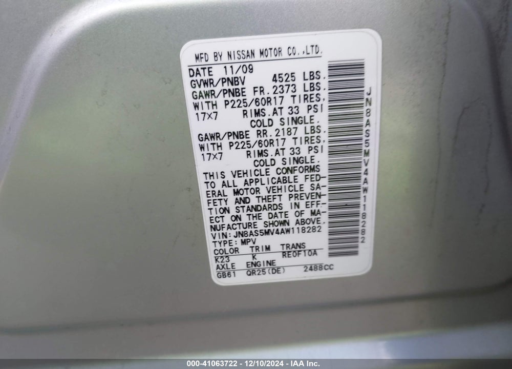 2010 NISSAN ROGUE SL VIN: JN8AS5MV4AW118282