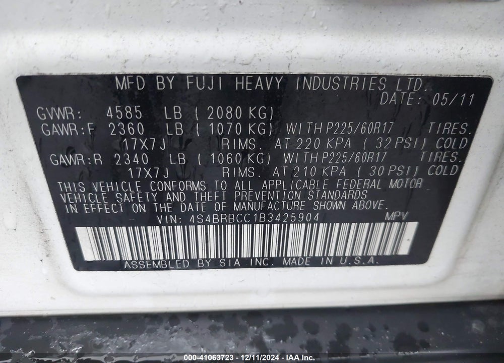 2011 SUBARU OUTBACK 2.5I PREMIUM VIN: 4S4BRBCC1B3425904