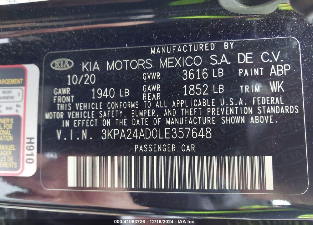2020 KIA RIO LX VIN: 3KPA24AD0LE357648
