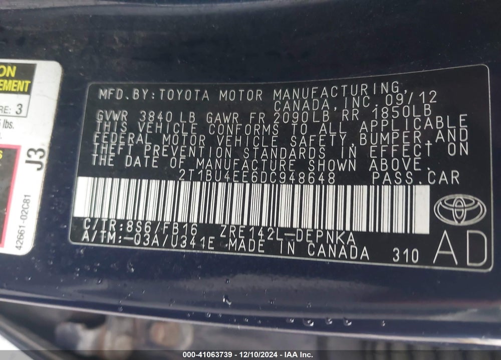 2013 TOYOTA COROLLA LE VIN: 2T1BU4EE6DC948648
