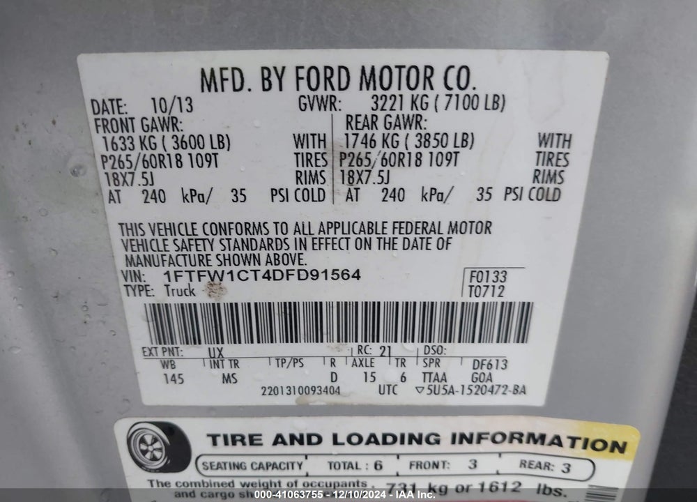 2013 FORD F-150 XLT VIN: 1FTFW1CT4DFD91564
