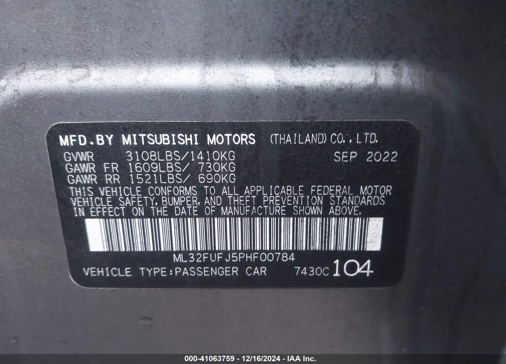 2023 MITSUBISHI MIRAGE VIN: ML32FUFJ5PHF00784
