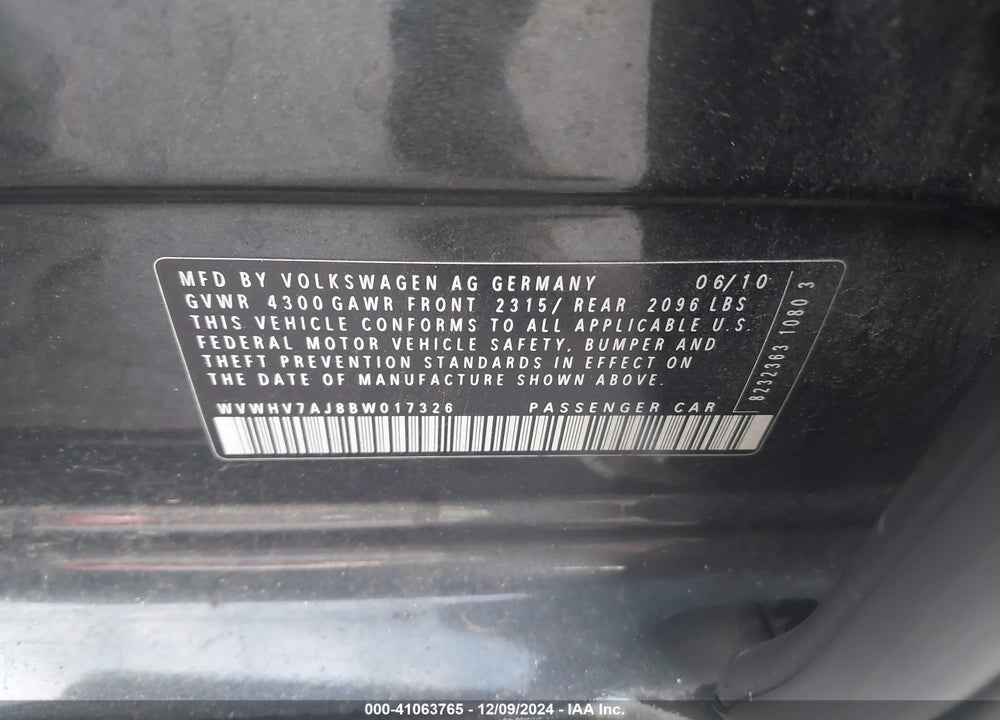 2011 VOLKSWAGEN GTI 4-DOOR/4-DOOR AUTOBAHN VIN: WVWHV7AJ8BW017326