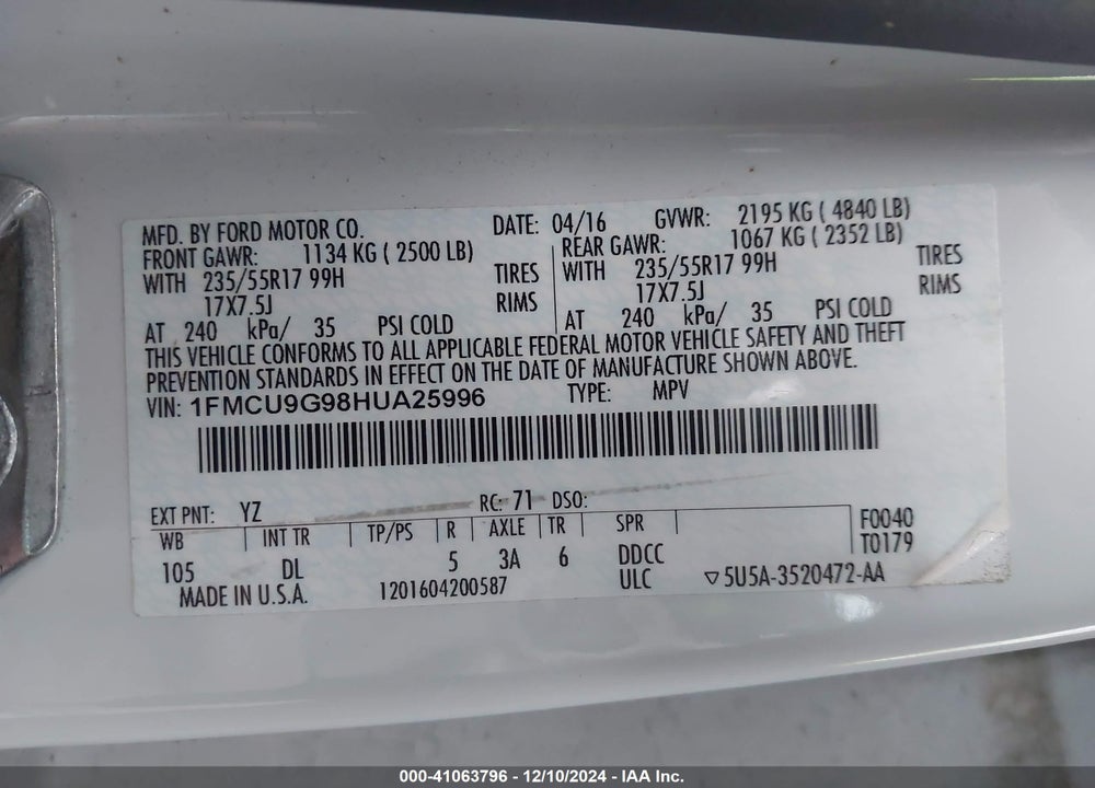 2017 FORD ESCAPE SE VIN: 1FMCU9G98HUA25996