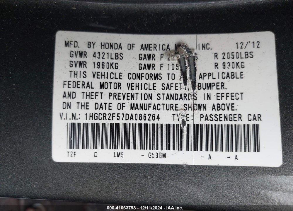 2013 HONDA ACCORD SPORT VIN: 1HGCR2F57DA086264