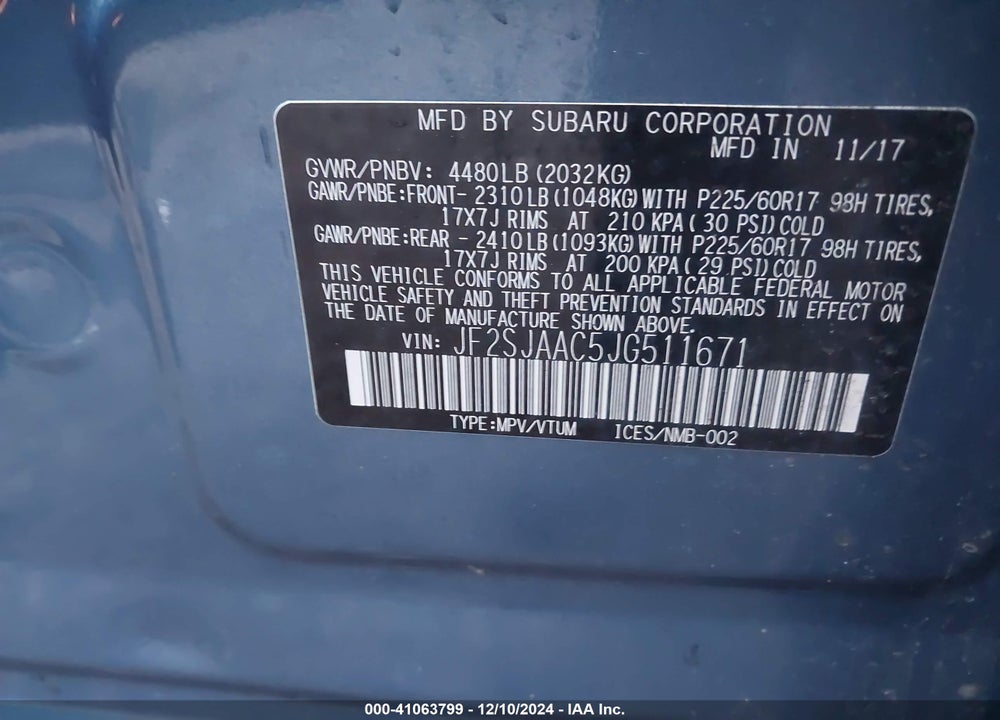 2018 SUBARU FORESTER 2.5I VIN: JF2SJAAC5JG511671