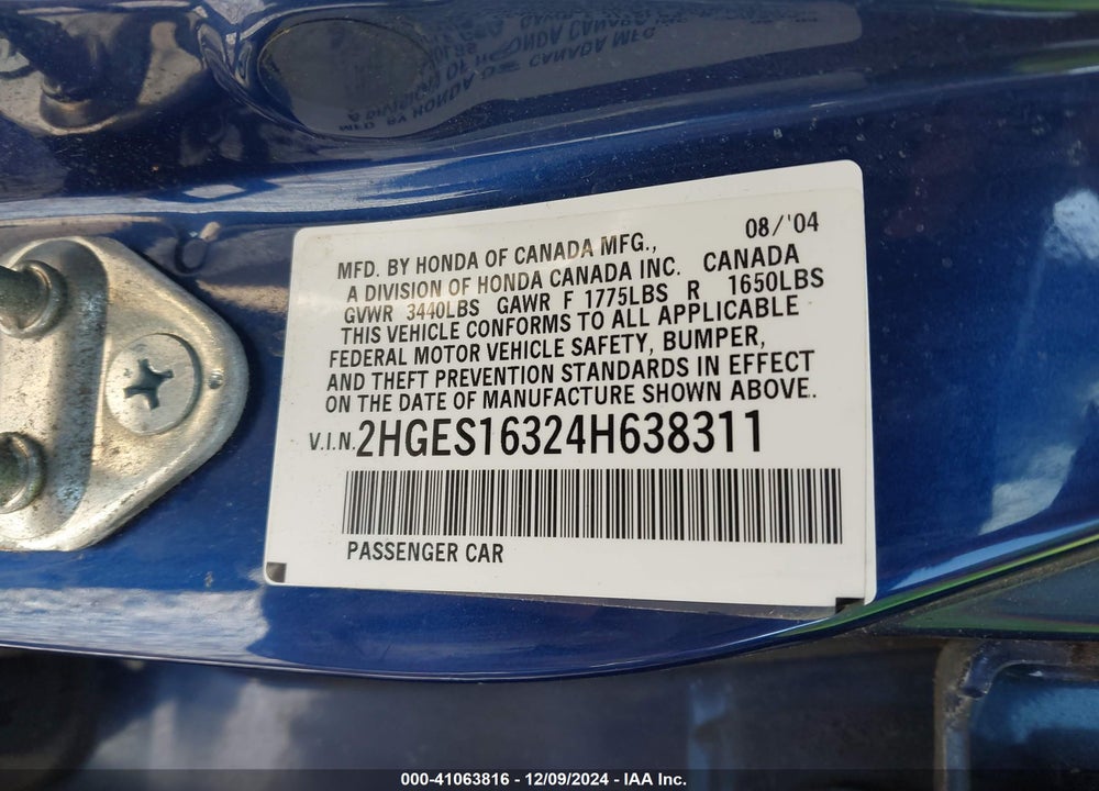 2004 HONDA CIVIC VP VIN: 2HGES16324H638311