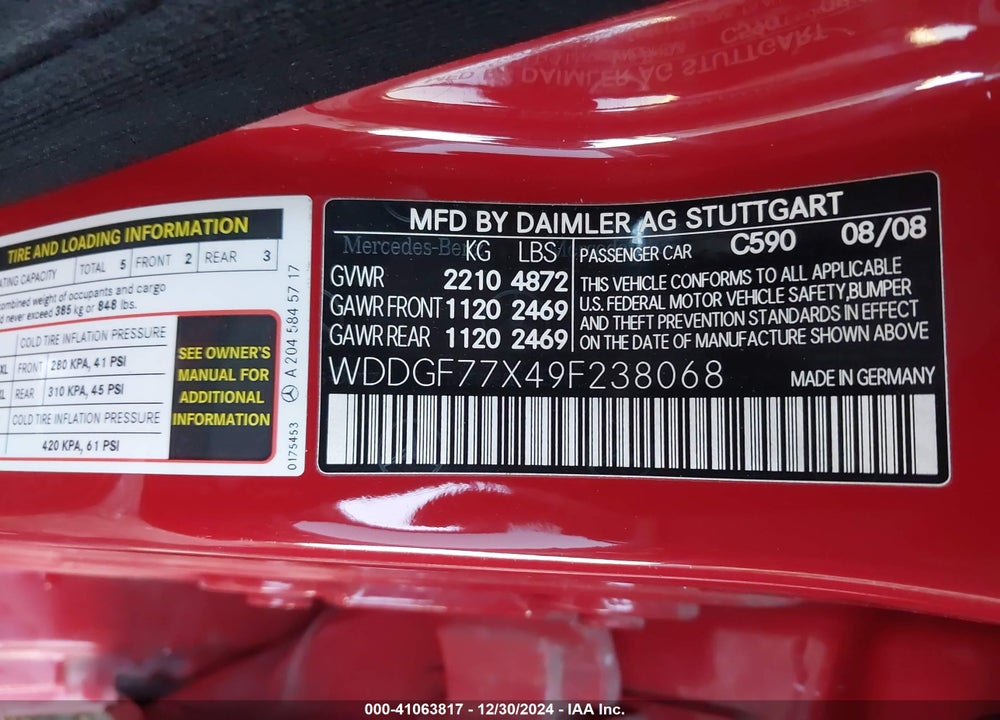 2009 MERCEDES-BENZ C 63 AMG VIN: WDDGF77X49F238068