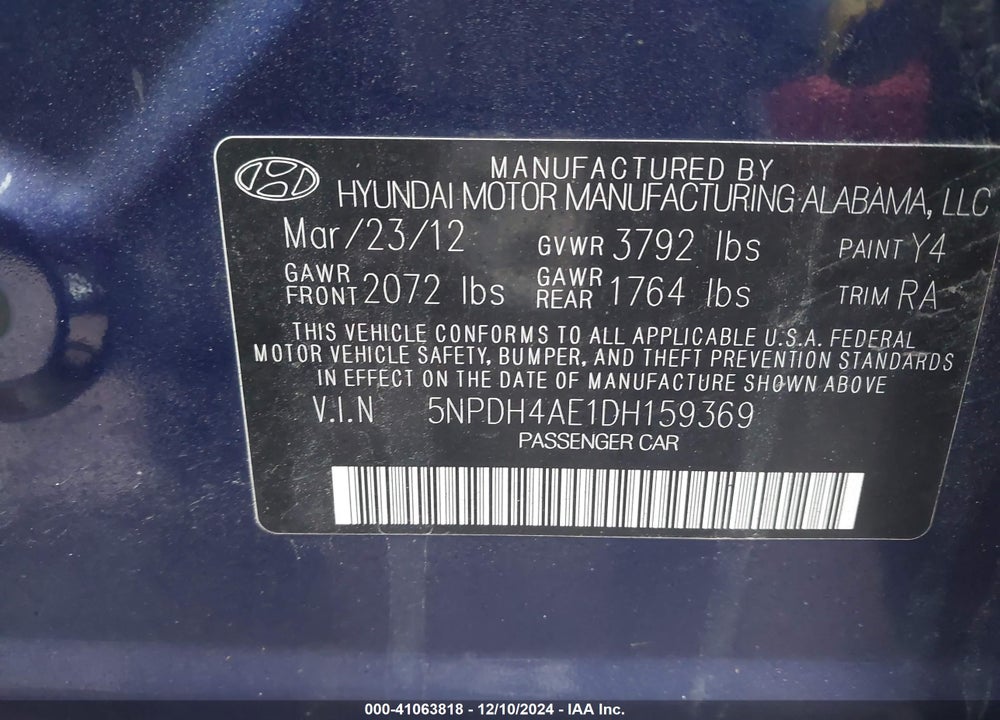 2013 HYUNDAI ELANTRA GLS VIN: 5NPDH4AE1DH159369