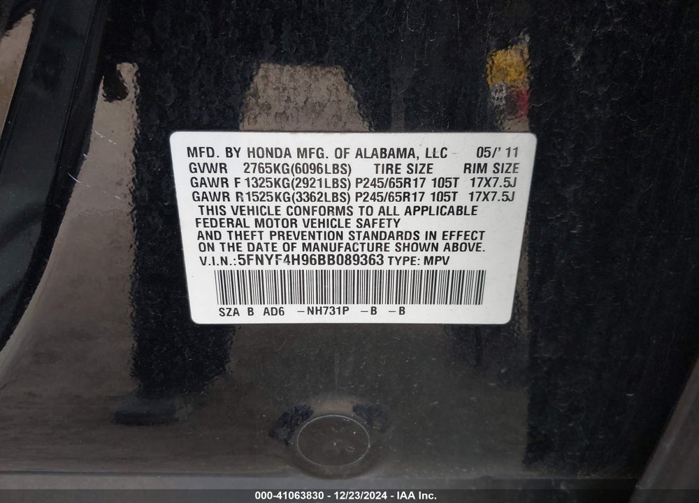 2011 HONDA PILOT TOURING VIN: 5FNYF4H96BB089363