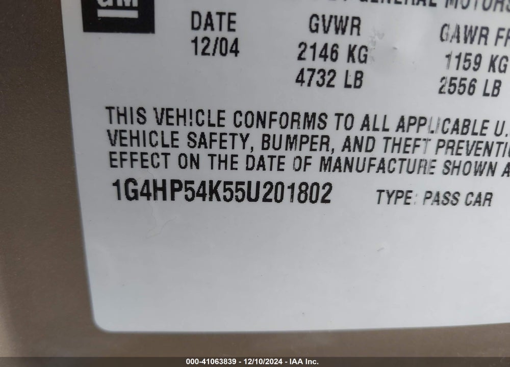 2005 BUICK LESABRE CUSTOM VIN: 1G4HP54K55U201802