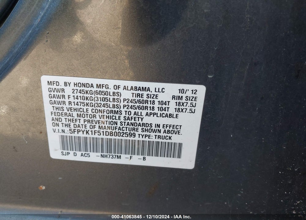 2013 HONDA RIDGELINE VIN: 5FPYK1F51DB002599