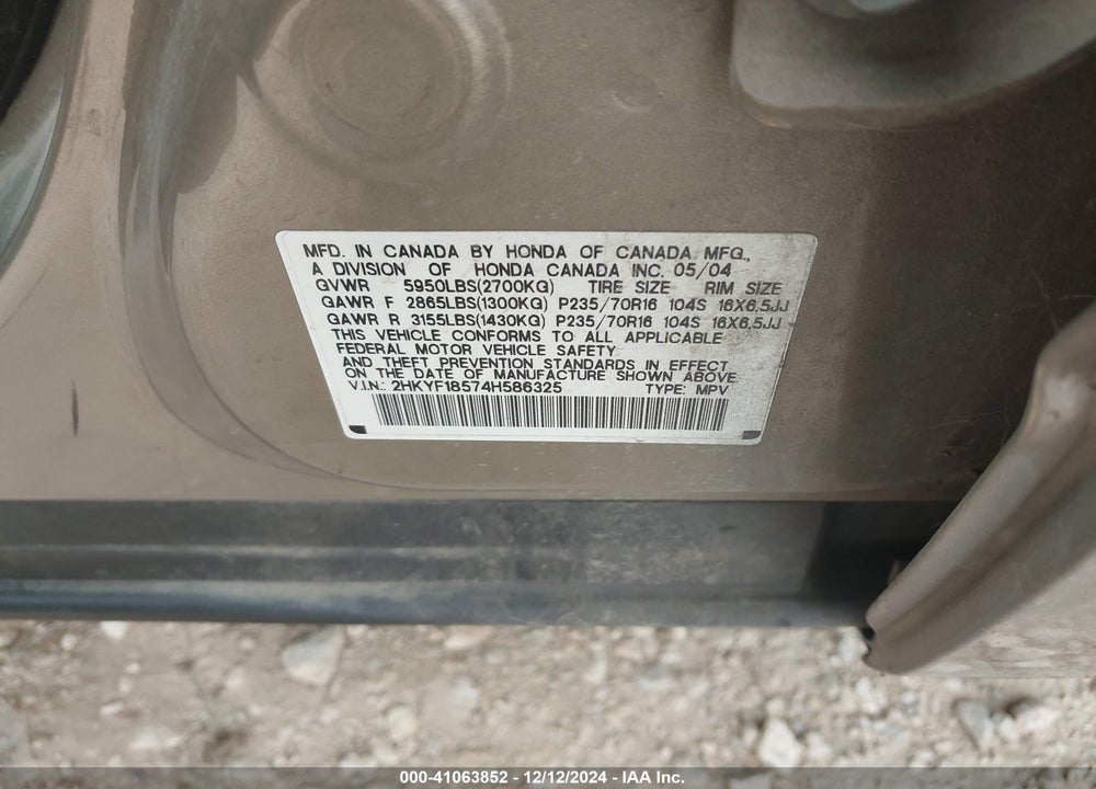 2004 HONDA PILOT EX-L VIN: 2HKYF18574H586325
