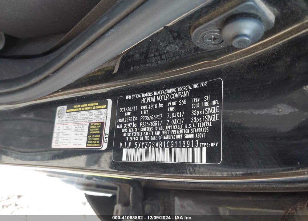 2012 HYUNDAI SANTA FE GLS VIN: 5XYZG3AB1CG113913