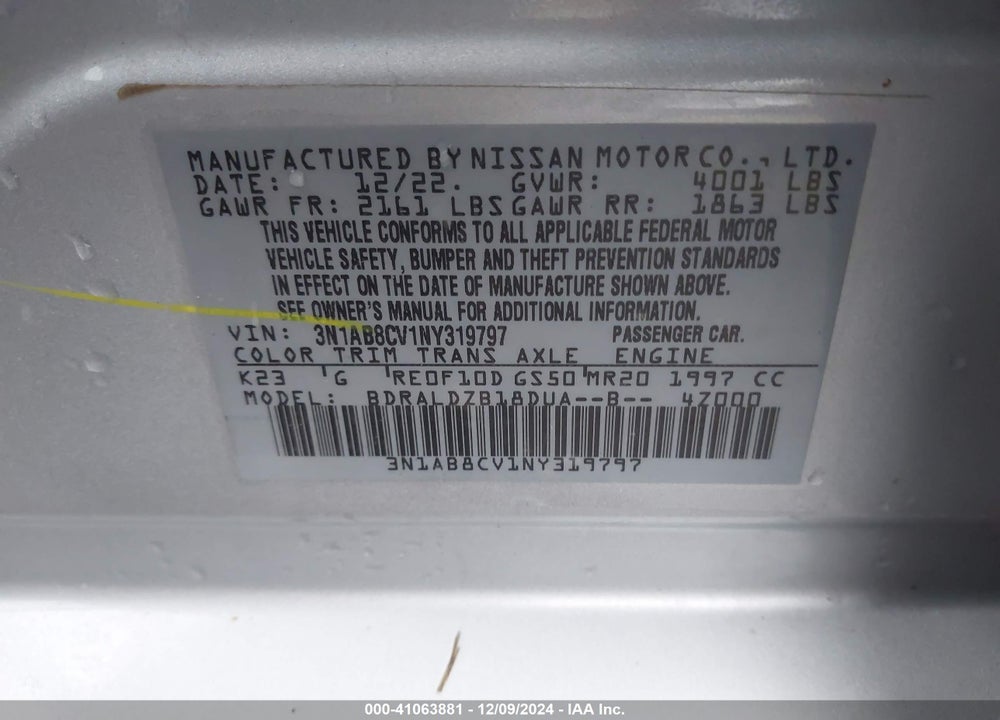2022 NISSAN SENTRA VIN: 3N1AB8CV1NY319797