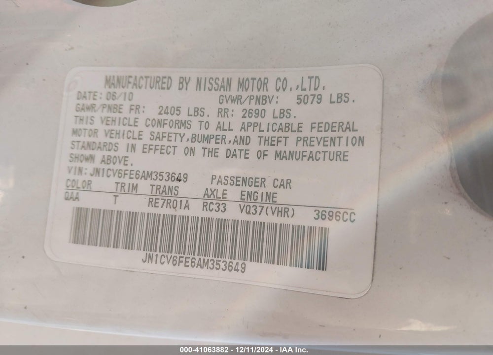2010 INFINITI G37 VIN: JN1CV6FE6AM353649